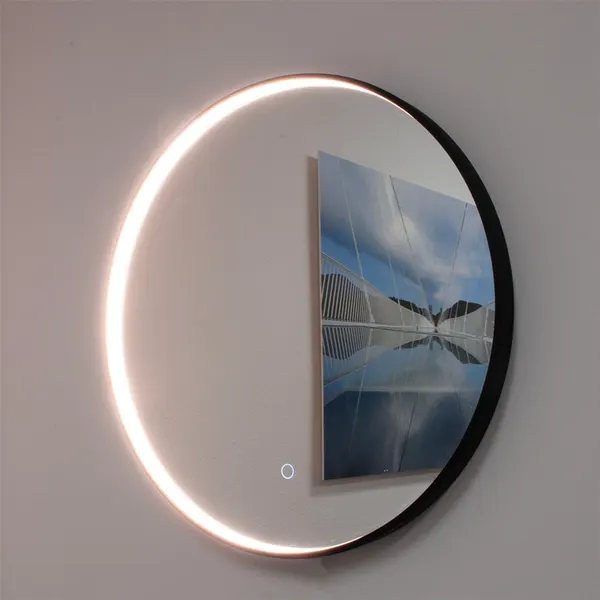 Ronde spiegel met zwart frame met direct LED verlichting en verwarming 600mm