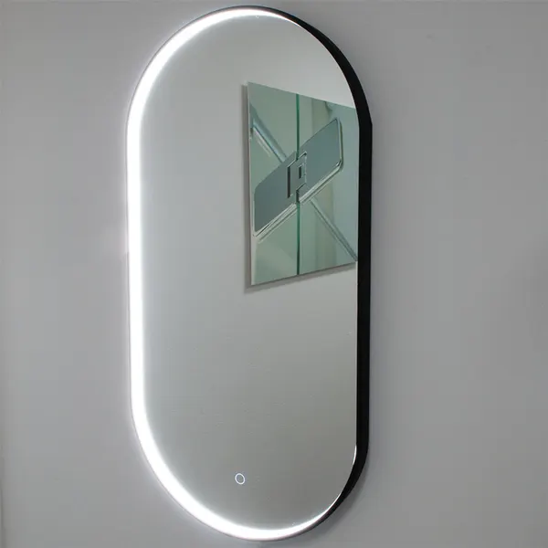 Ovale spiegel met zwart frame met direct LED verlichting en verwarming 450x900mm