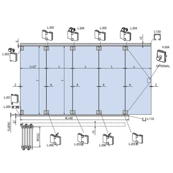 Vouwwand L-1500 SET 4 RVS-effect