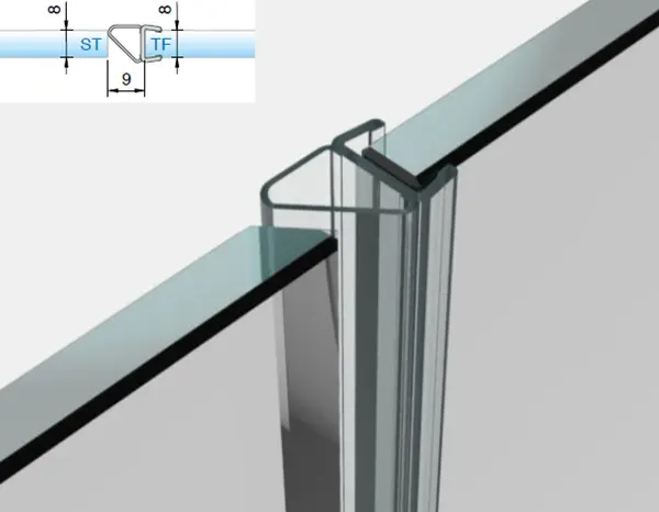 Afdichtprofiel voor 8mm glas scharnier zijde L= 2500mm