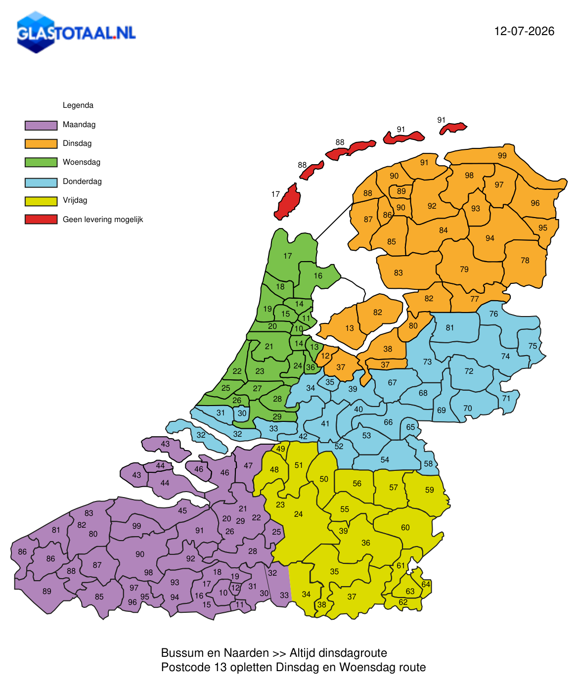 Leverdagen per regio — postcodekaart Nederland en Vlaanderen met de bezorgdag per gebied